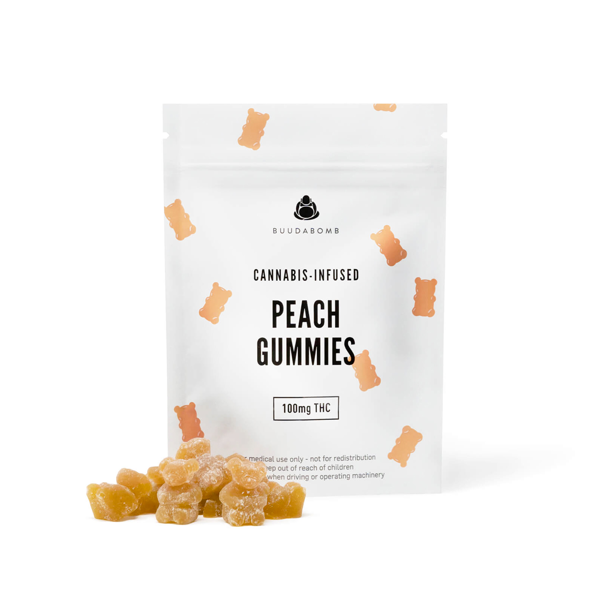 Buy One bite of these peach gummy bears and you'll wonder why it isn't a standard gummy bear flavour. These adorable gummy bears are so soft, chewy and delicious. They're a beloved treats for grownups of all ages! 10 cannabis-infused gummies Each bag contains 100mg of THC Made with vegan and organic ingredients