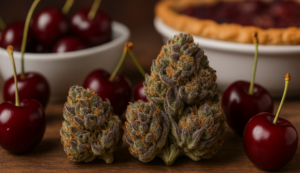 Cherry Pie strain buds with rich purple hues surrounded by fresh cherries and a cherry pie in the background